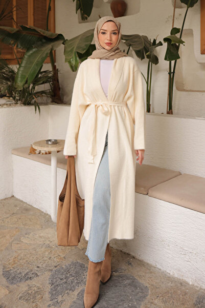 İmajButik Μακριά ζακέτα από ανγκόρα με κρεμ ζώνη