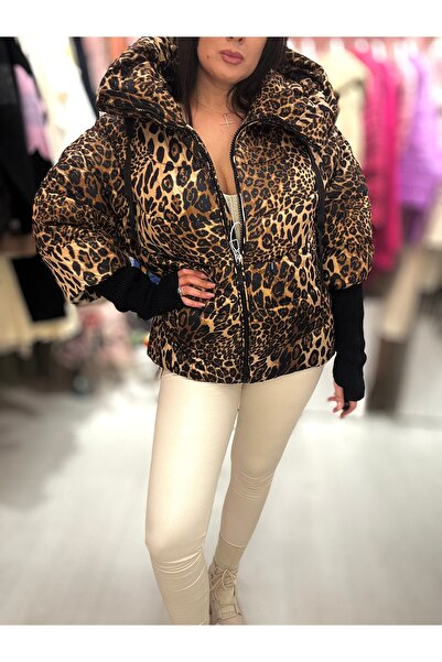 Brielle Women's Quilted Puffer Jacket with Knitted Sleeves Animal Print-Leopard