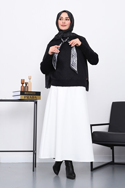 İmajButik Angora Soft Sweater with Black Scarf Detail