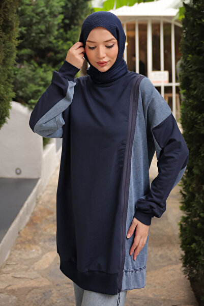 İmajButik Navy Blue Denim Paneled Modal Tunic