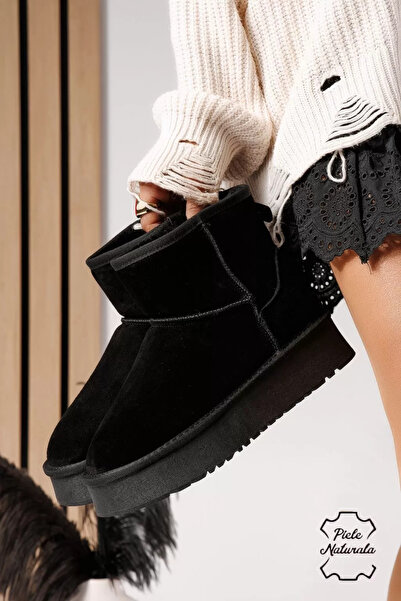 Zaira Cizme scurte dama îmblanite tip Ug negre din piele naturala intoarsa Lu...