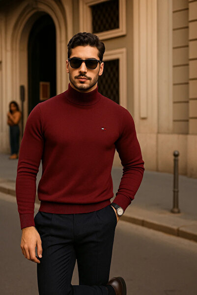 comstar Men's Casual Burgundy Half Turtleneck Sweater