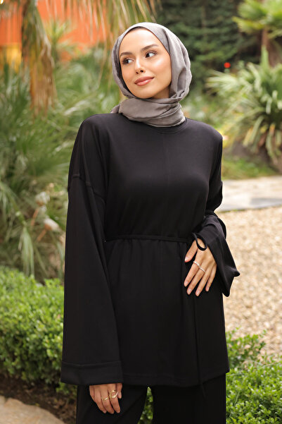 İmajButik Black Waist-Tie Tunic with Pants Modal Set