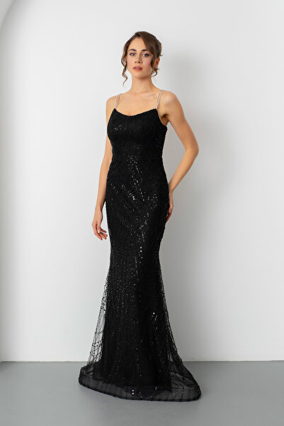 Lafaba Kadın Siyah Askılı Boncuklu Uzun Balık Abiye Elbise