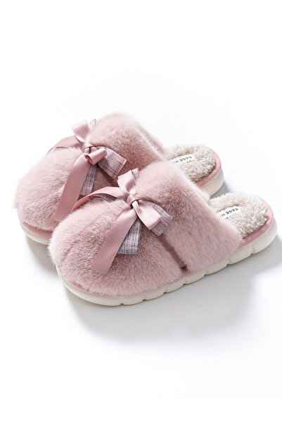 Take Two By Styli Pink Fuzzy Slippers with Bow