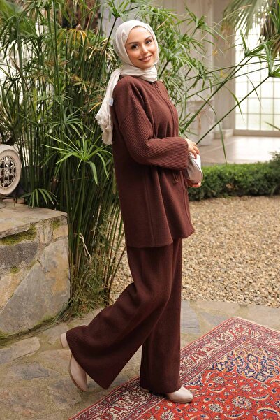 İmajButik Brown Zippered Angora Soft Cardigan Pants Set