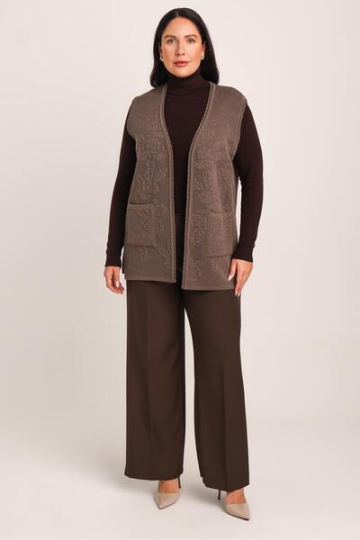 Uludağ Triko Women's Brown Embossed Floral Pattern Pocketed Knitwear Knitted Mother Vest