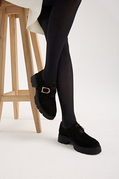 Jande Kadın Siyah Süet Tokalı Kalın Taban Loafer – Rahat Günlük & Ofis Ayakka...