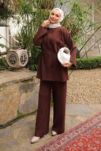 İmajButik Brown Zippered Angora Soft Cardigan Pants Set