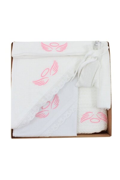 PRICHINDEL Set botez, 7 piese, Aripi de înger roz, bumbac, alb