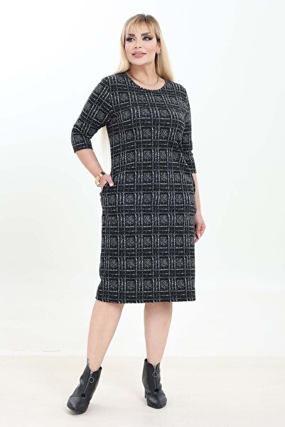 modayız Double Pocket Patterned Stretchy Winter Plus Size Midi Dress 4D-2755