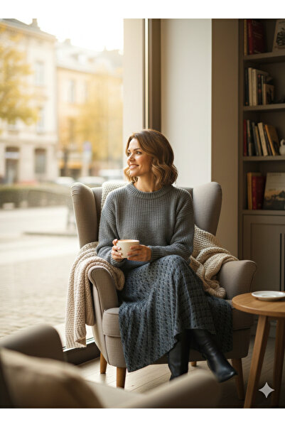 Oppland Women's Winter Piece Skirt Herringbone Patterned Fleece-Lined Elastic Cotton Thick Textured