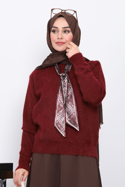 İmajButik Angora Soft Sweater with Burgundy Scarf Detail