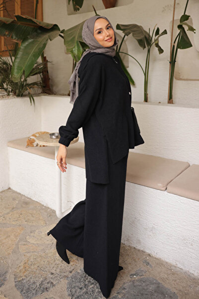 İmajButik Black Angora Soft Cardigan Pants Set