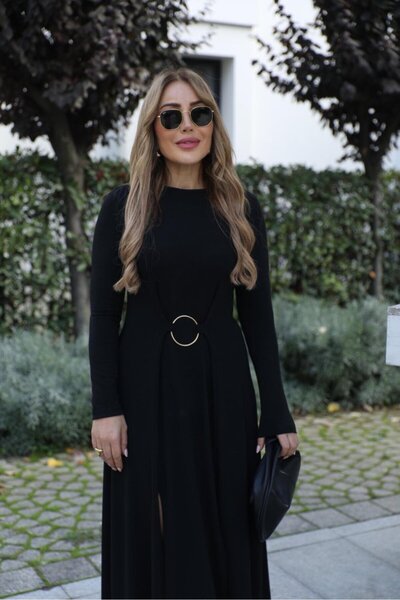 JANES Rochie de damă cu mânecă lungă guler rotund cu detaliu inel frontal cu ...