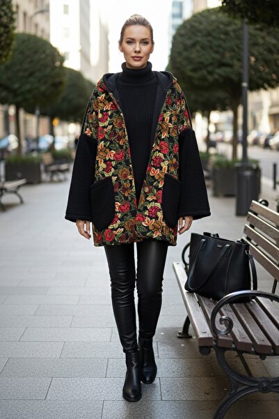 Chiccy Italian Black Long Sleeve Pocket Hooded Casual Boucle Oversize Woven Jacket 78 70