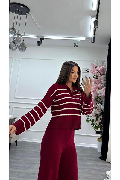 Daves Striped 2-Piece Knitwear Set-Burgundy