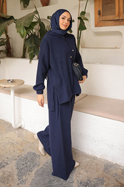 İmajButik Navy Blue Angora Soft Cardigan Pants Set
