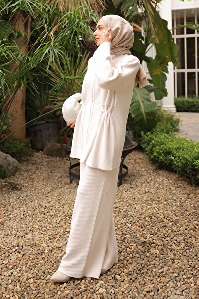 İmajButik Ecru Zippered Angora Soft Cardigan Trouser Set