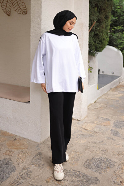 İmajButik Λευκό μπλουζάκι με λαιμόκοψη με oversized μανίκια από λεπτό βαμβακερό χτενισμένο βαμβάκι