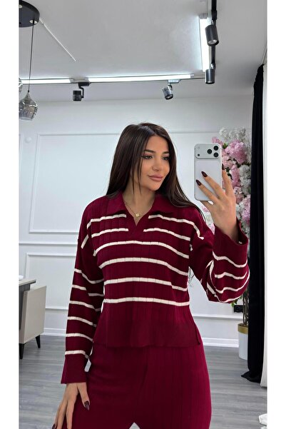 Daves Striped 2-Piece Knitwear Set-Burgundy