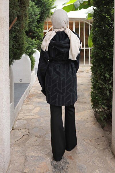 İmajButik Black Hooded Laser Cut Denim Jacket