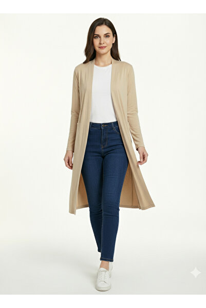 Look Forward Women's Stone Color Long Slit Basic Cardigan