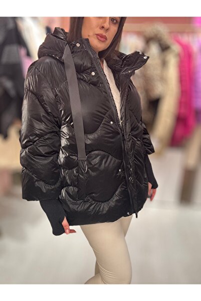 Brielle Women's Quilted Puffer Jacket with Knitted Sleeves Black