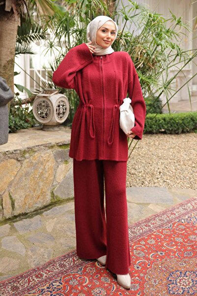 İmajButik Burgundy Zippered Angora Soft Cardigan Trouser Set