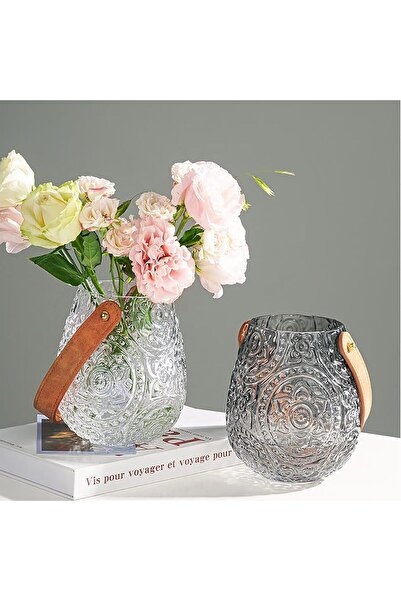 TERRIFI مزهرية زجاجية شفافة منقوشة (أسود) - قطعة مركزية عصرية لديكور المنزل