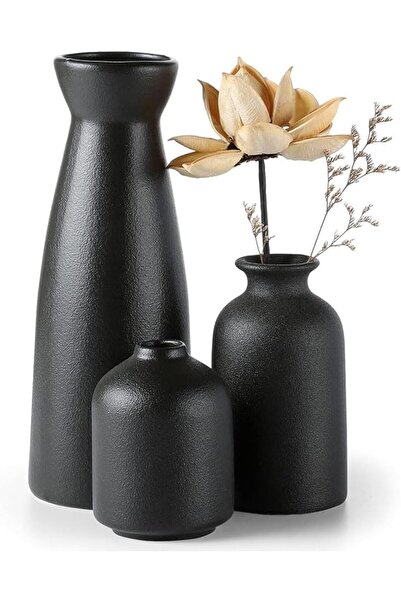 NEAGLORY Ceramic Vase Set of 3 - Matte Black, Minimalist Boho