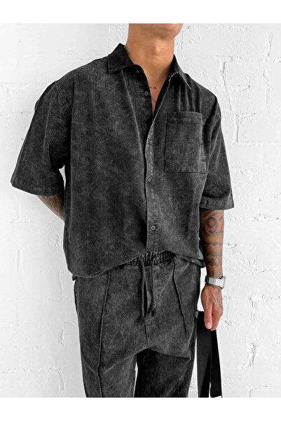 ablukaonline Men's Short Sleeve Washable Oversized Shirt Black
