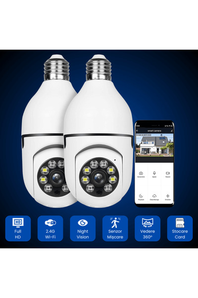 OferteTop Set of Two Full HD Bulb Cameras, With Wi-Fi, Motion Sensor And Phone App