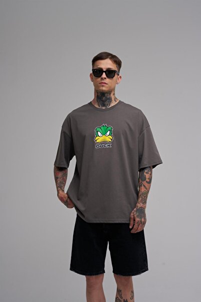 Machinist Unisex Oversized Duck Printed Cotton T-Shirt Smoke