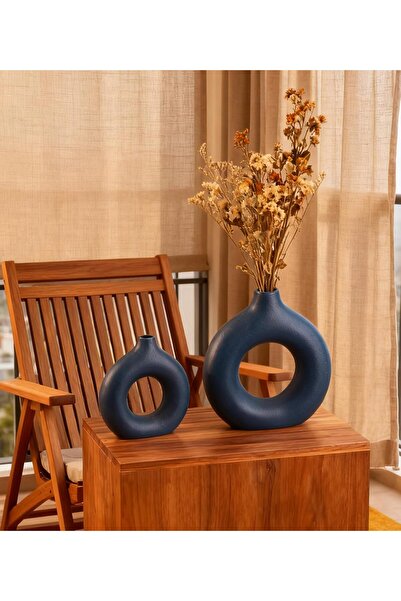 VaseTopia Ceramic Vase Set of 2, Hollow Geometric Modern Home Decor (Blue)