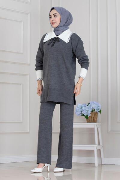 Sevitli Σετ πλεκτό με λεπτομέρεια φιόγκου στο λαιμό-ΑΝΘΡΑΚΙΤΙΚΟ