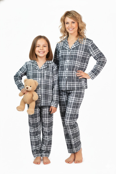 Zekalya Mother Daughter (Sold Separately) Checkered Plaid Patterned Suede Fabric Gray Pajama Set