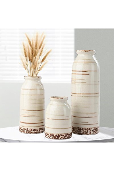 VaseTopia مجموعة مزهريات زهور سيراميكية من 3 قطع - ديكور منزلي عصري على طراز بوهو لعشبة البامباس (بيج)