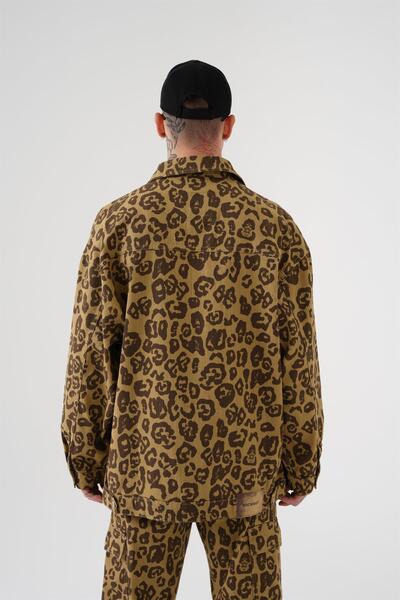 Machinist Men's Oversized Patterned Denim Jeans Jacket Leopard