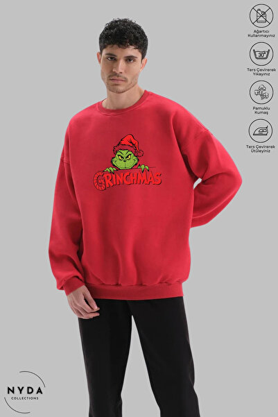 Nyda Collections Unisex Long Sleeve Grinchmas Printed Crew Neck Hoodless Fleece-Lined Oversized Sweatshirt