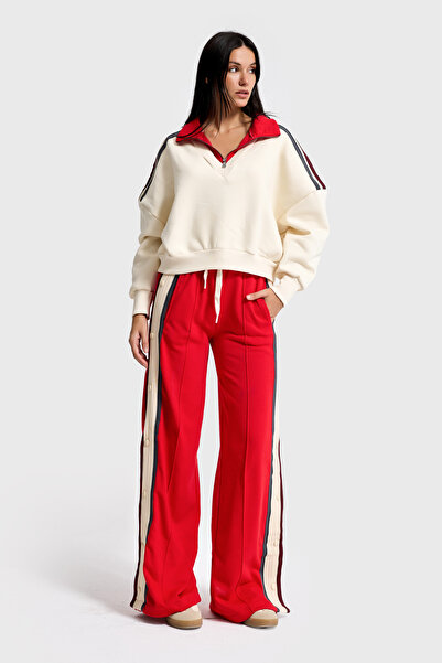 it's basic Γυναικείο κόκκινο μπεζ w5-105 Φούτερ Φούτερ Παντελόνι Σετ Σχεδιαστικό Σετ 2 τεμαχίων