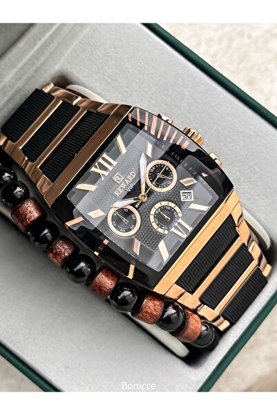 Reward Men's Watch, Steel-Silicone Band, Functions Active, Black Rose, with Calendar, in Stylish Box, Bracelet Gift