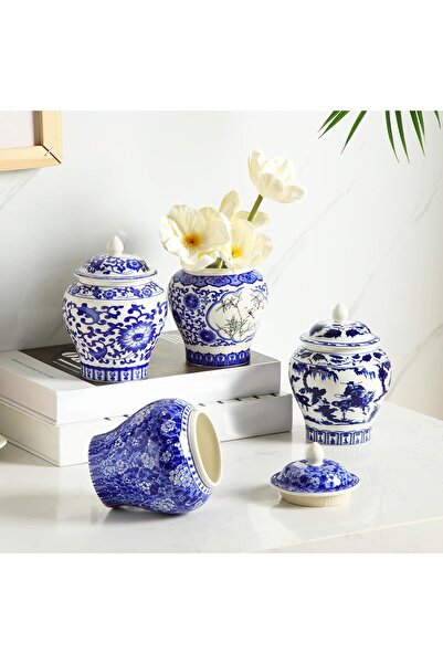 Hushee Set of 4 Small Blue and White Porcelain Chinoiserie Ginger Jars (Retro)