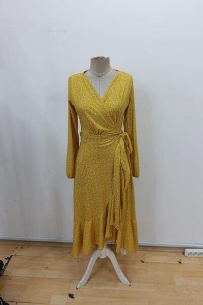Mossta Double-Breasted Long Single Jersey Dress with Ruffled Collar - Yellow