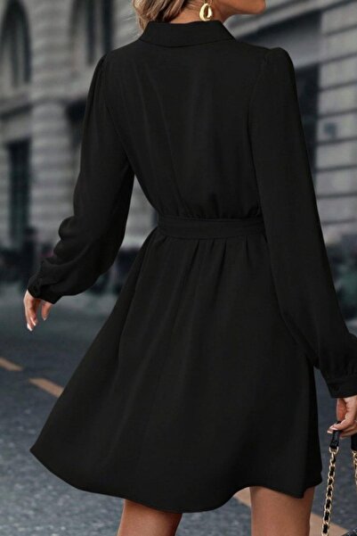 Mossta διπλό πέτο Μίνι Φόρεμα Κρεπ Εισαγωγής με Κορδόνι στην Μέση - Μαύρο