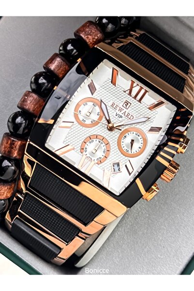 Reward Men's Watch, Steel-Silicone Band, Functions Active, Rose White Calendar, Stylish Box, Bracelet Gift