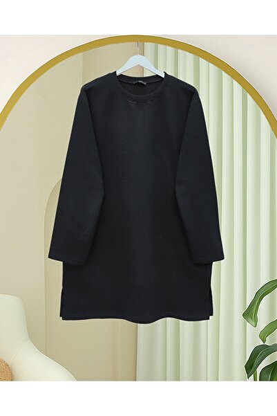 HİJABAYA Yuvarlak Yaka Yırtmaçlı Salaş Penye Tunik