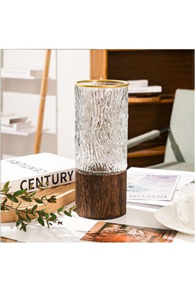 TERRIFI Artistic Wood Glass Vase with Wooden Base, Tall Cylinder Vase for Flowers, Wedding Centerpiece & Tab