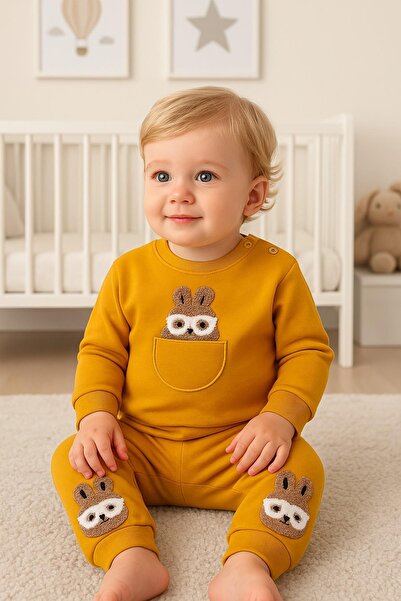 dinamik çocuk Girl baby cute rabbit embroidered long sleeve 2-piece bottom top baby set with glasses %100 cotton 6-9-12-18 months