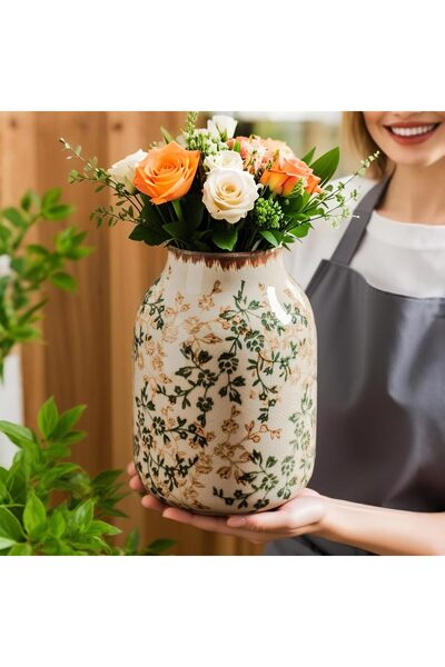 SPNOR Green & Beige Vintage Chinoiserie Ceramic Vase